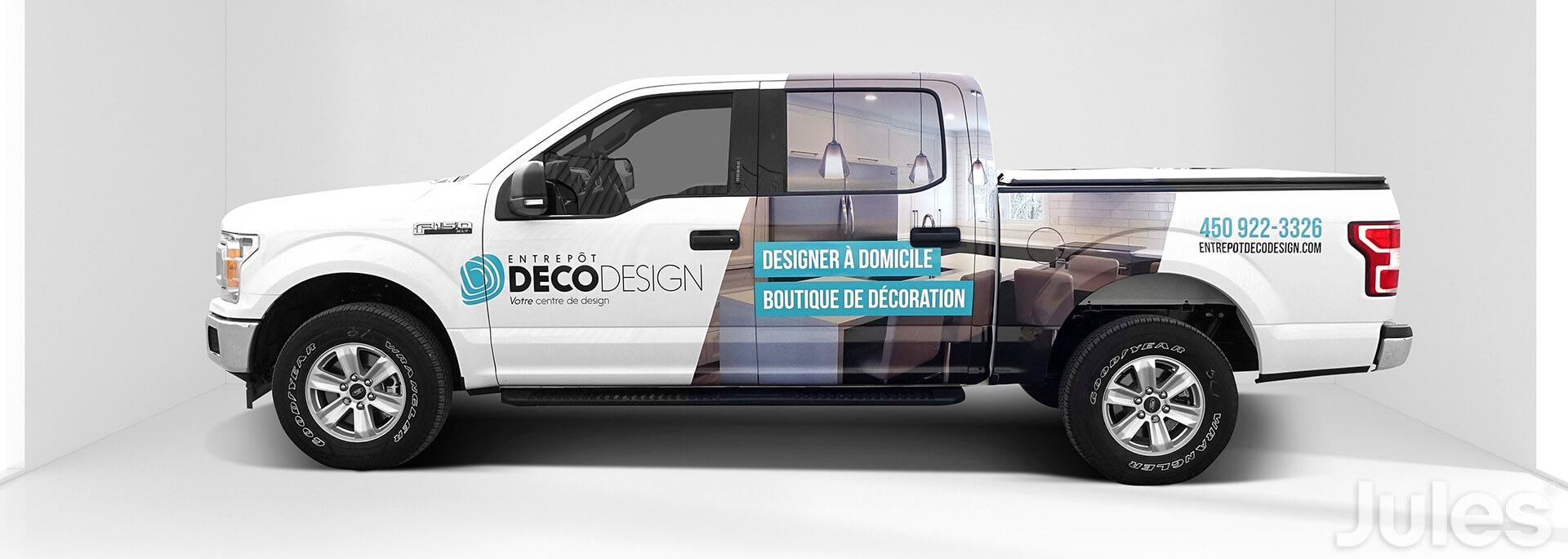 lettrage wrap de camion ford f-150 entrepôt déco design designer à domicile boutique de décoration par jules communications