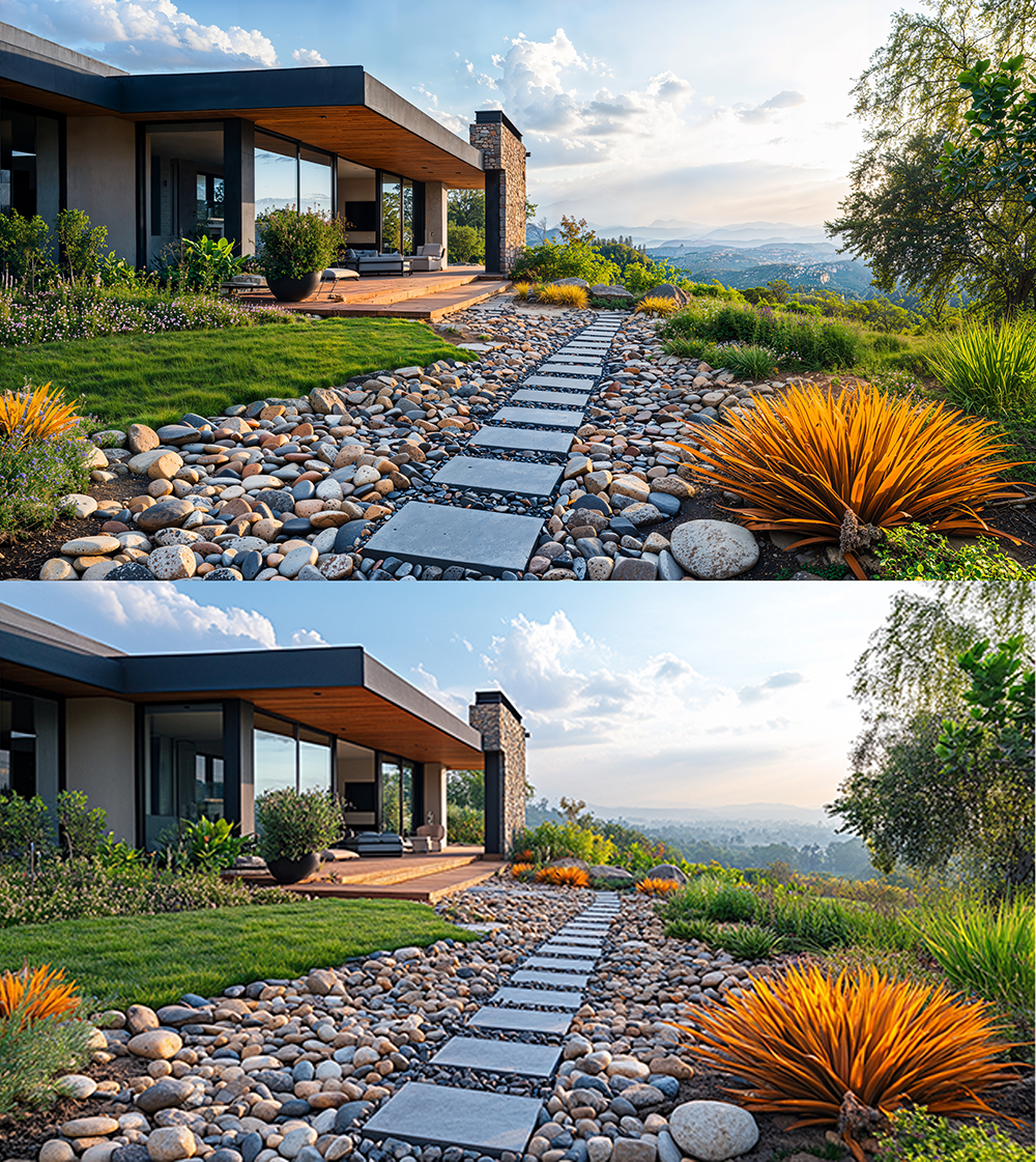 Image avant/après d'une maison et son jardin en haute résolution et l'originale