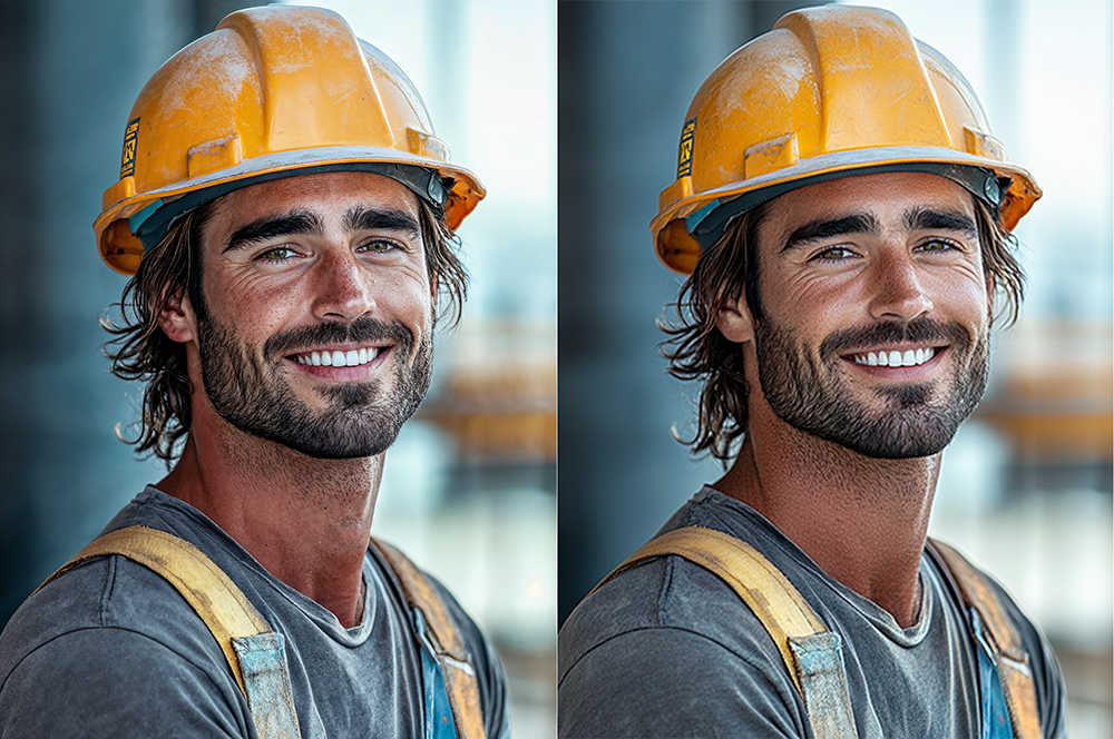 Image avant/après d'un protrait d'homme travaillant dans la construcion en haute résolution et l'originale