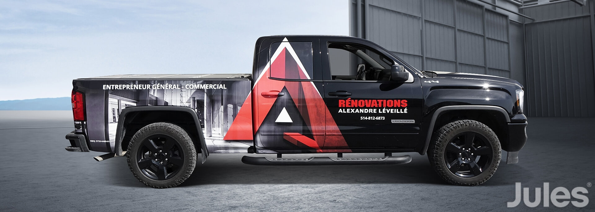 gmc sierra wrap lettrage entrepreneur général construction commercial rénovations alexandre léveillé camion par jules communications 3m