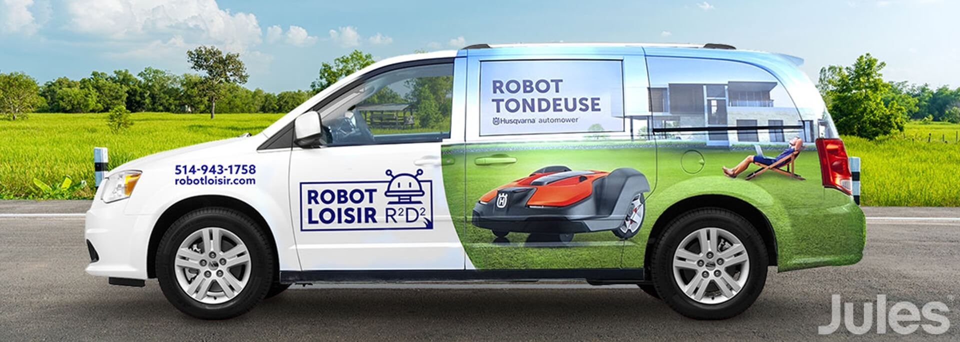 lettrage camion dodge caravan robot loisir robot tondeuse husqvarna aotomower wrap lettrage par jules communications