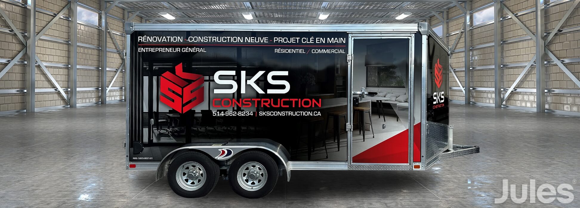 SKS CONSTRUCTION LETTRAGE REMORQUE WRAP RENOVATION CONSTRUCTION NEUVE PROJET CLE EN MAIN ENTREPRENEUR GENERAL RESIDENTIEL COMMERCIAL