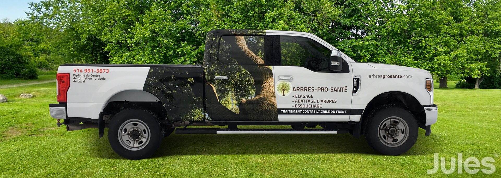 lettrage paysagiste arbres pro santé ford f-250 jules communications wrap lettrage camion