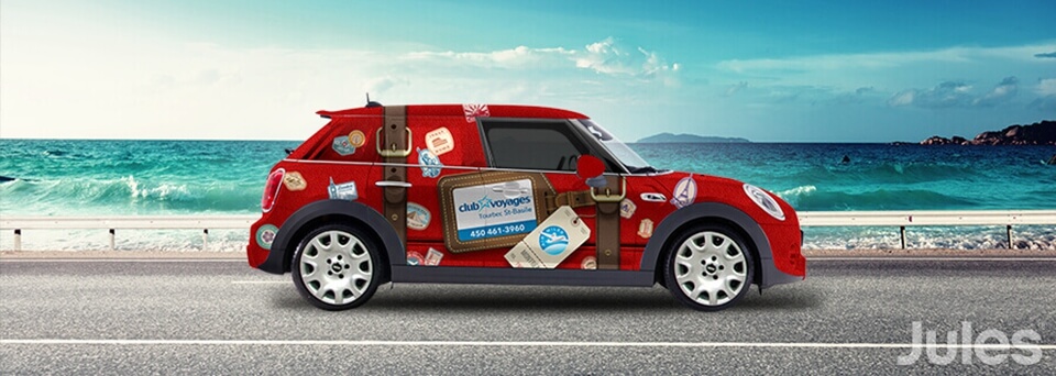 lettrage wrap sur mini cooper club voyages tourbec st-basile valise agence de voyage design par jules communications auto