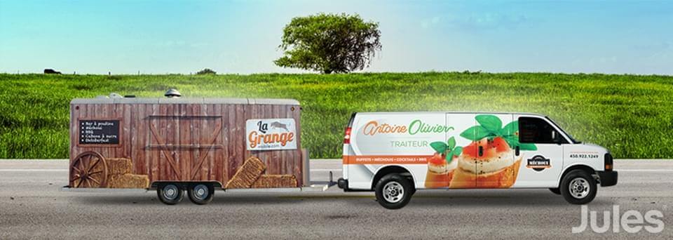 lettrage la grange mobile antoine olivier traiteur econoline remorque wrap camion jules communications