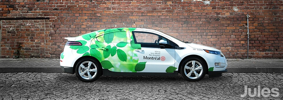 lettrage voiture chevrolet volt ville de montréal municipalité écologique vert par jules communications wrap