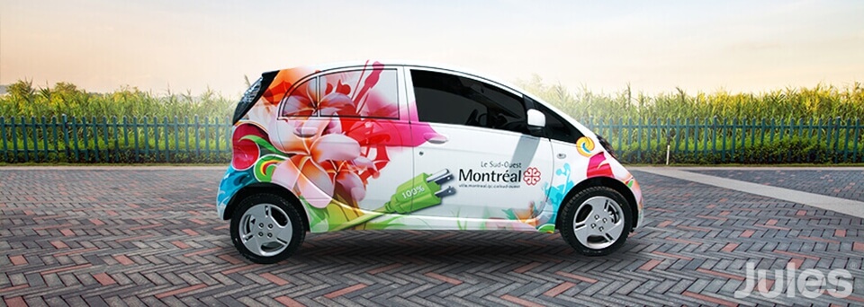 lettrage ville de montréal sud ouest mitsubishi miev électrique hybride par jules communications wrap autocollant